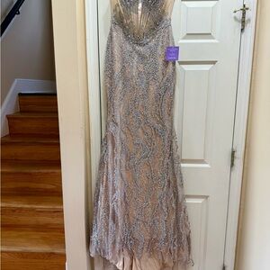 Beaded Evening Gown in Blush and Silver